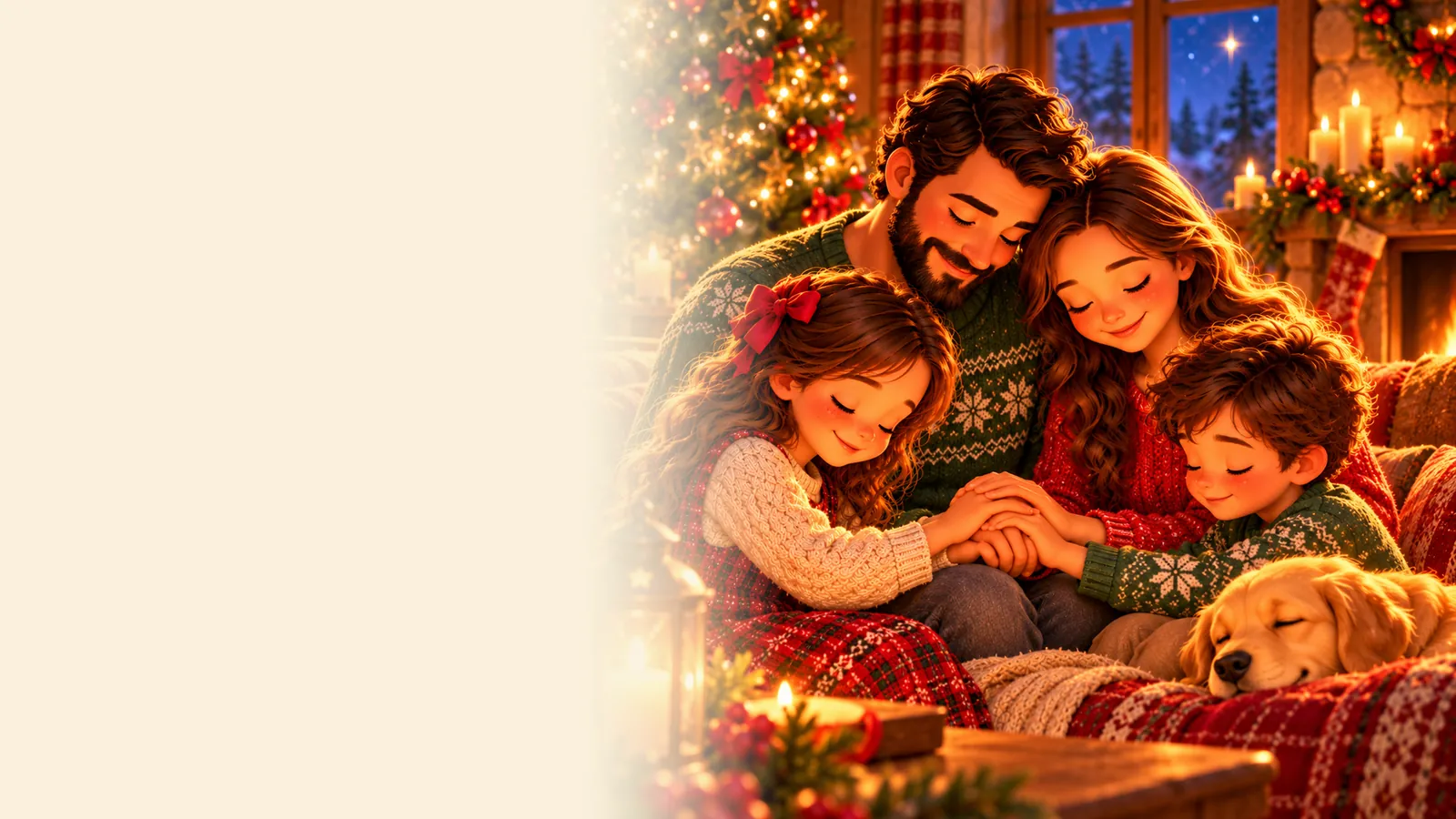 Família abraçada no sofá diante da árvore de Natal