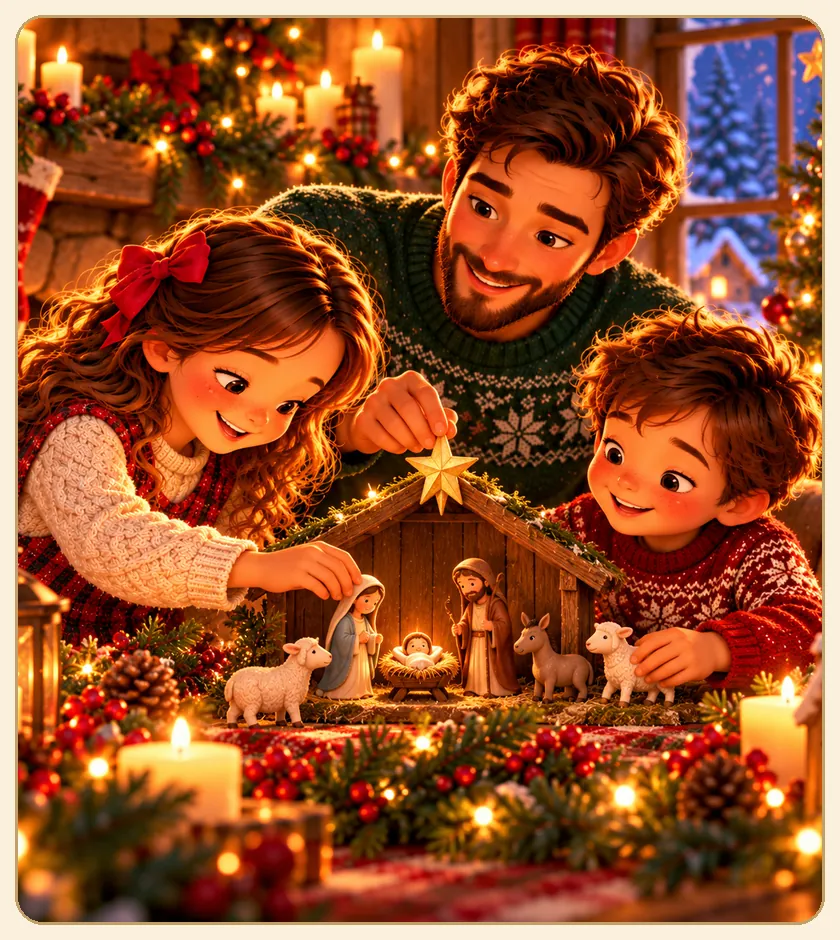 Família montando o presépio